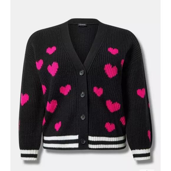 New! Torrid Drop Shoulder Cardigan Hearts Black Pink Preppy Sweater Size 2 2XL - Picture 2 of 8